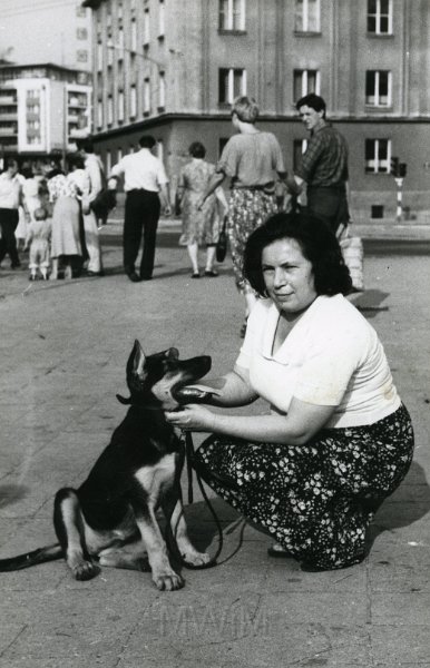KKE 4192.jpg - Stanisława Hajduk z psem na placu Świerczewskiego w Olsztynie, 1970 r.